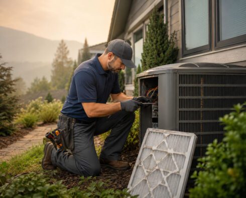 HVAC contractor servicing an outdoor air conditioning unit beside a home during smoky summer conditions, with a replacement air filter nearby.