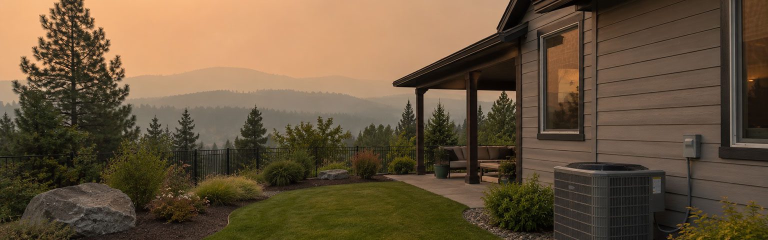 Modern home with an outdoor air conditioning unit under a hazy orange sky caused by distant wildfire smoke